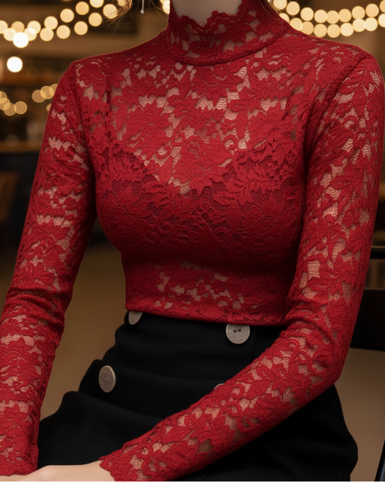 Women's Lace Blouse with High Neck – Refined Fitted Elegance with Long Sleeves