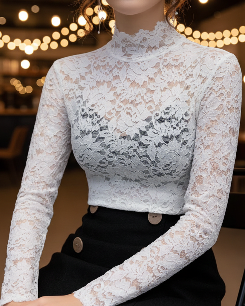 Women's Lace Blouse with High Neck – Refined Fitted Elegance with Long Sleeves