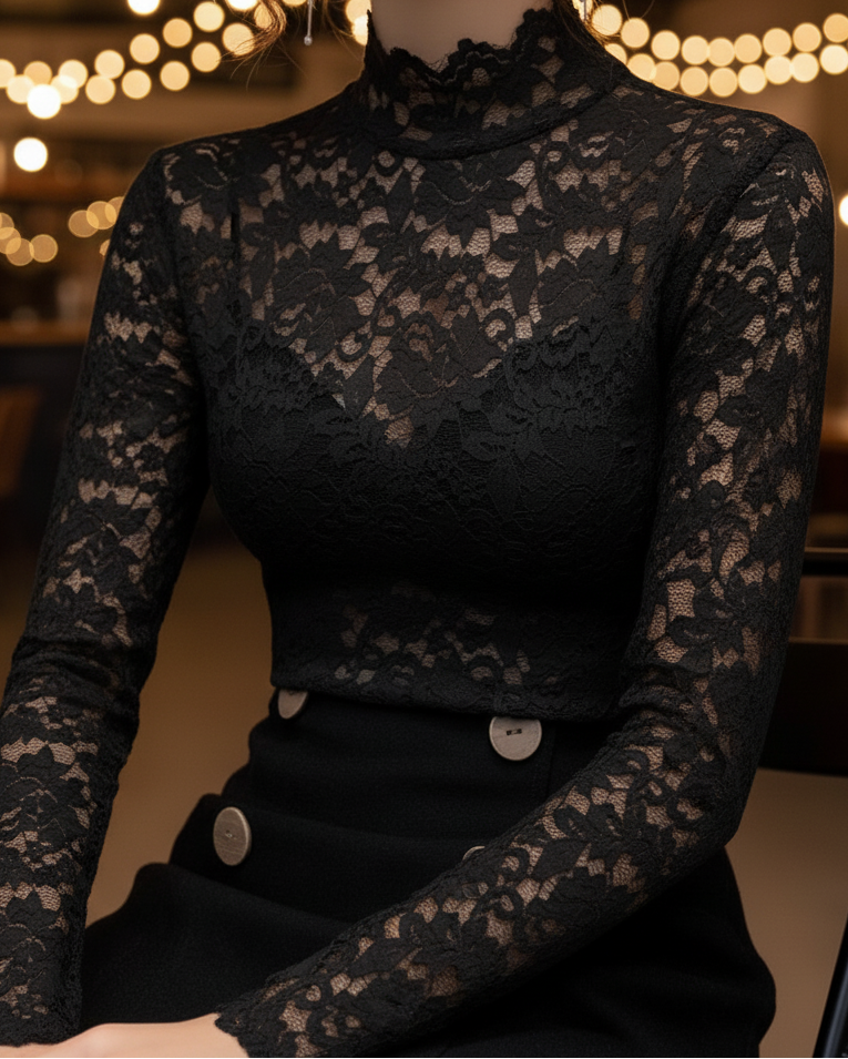 Women's Lace Blouse with High Neck – Refined Fitted Elegance with Long Sleeves