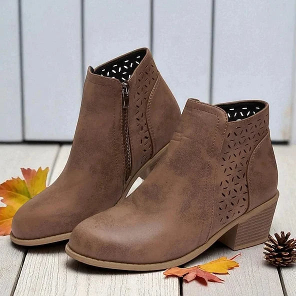 Women's Low-Heel Ankle Boots – Modern Cutouts and Side Zip