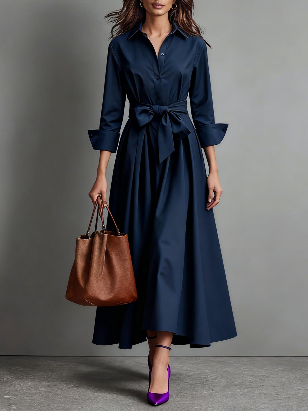 Women's Maxi Shirt Style Dress – A-Line Cut with Tie Belt