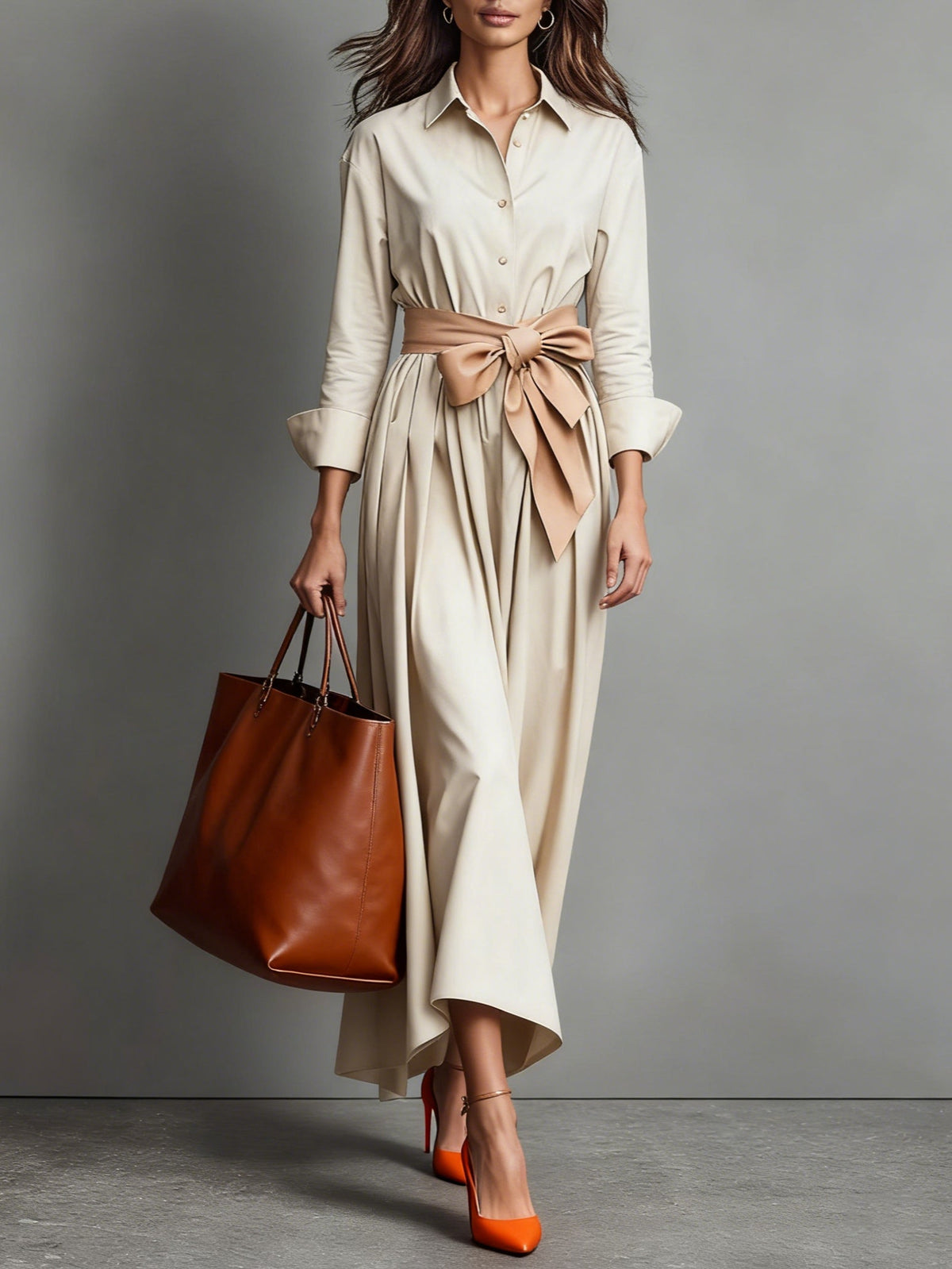 Women's Maxi Shirt Style Dress – A-Line Cut with Tie Belt