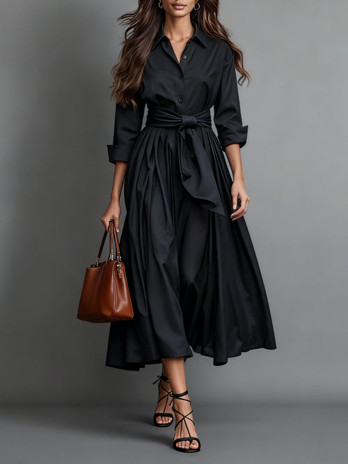 Women's Maxi Shirt Style Dress – A-Line Cut with Tie Belt