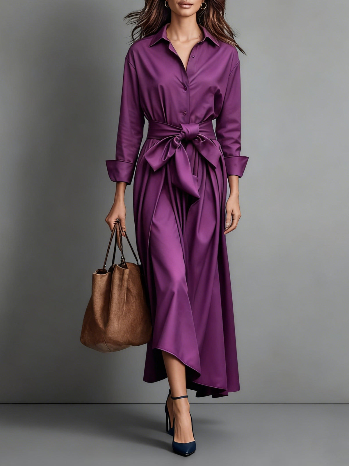 Women's Maxi Shirt Style Dress – A-Line Cut with Tie Belt