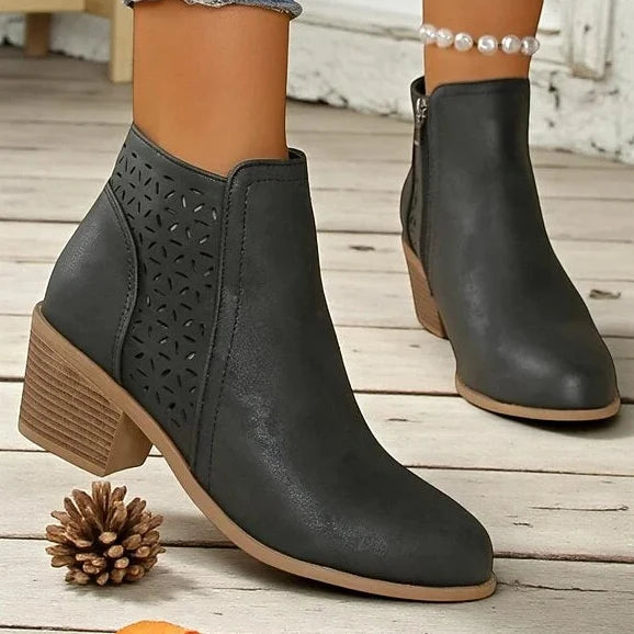 Women's Low-Heel Ankle Boots – Modern Cutouts and Side Zip