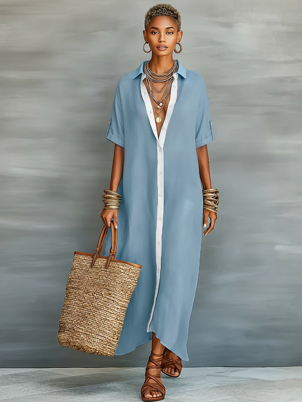 Women’s Long Linen Shirt Dress – Loose Cut Buttoned Three-Quarter Sleeves