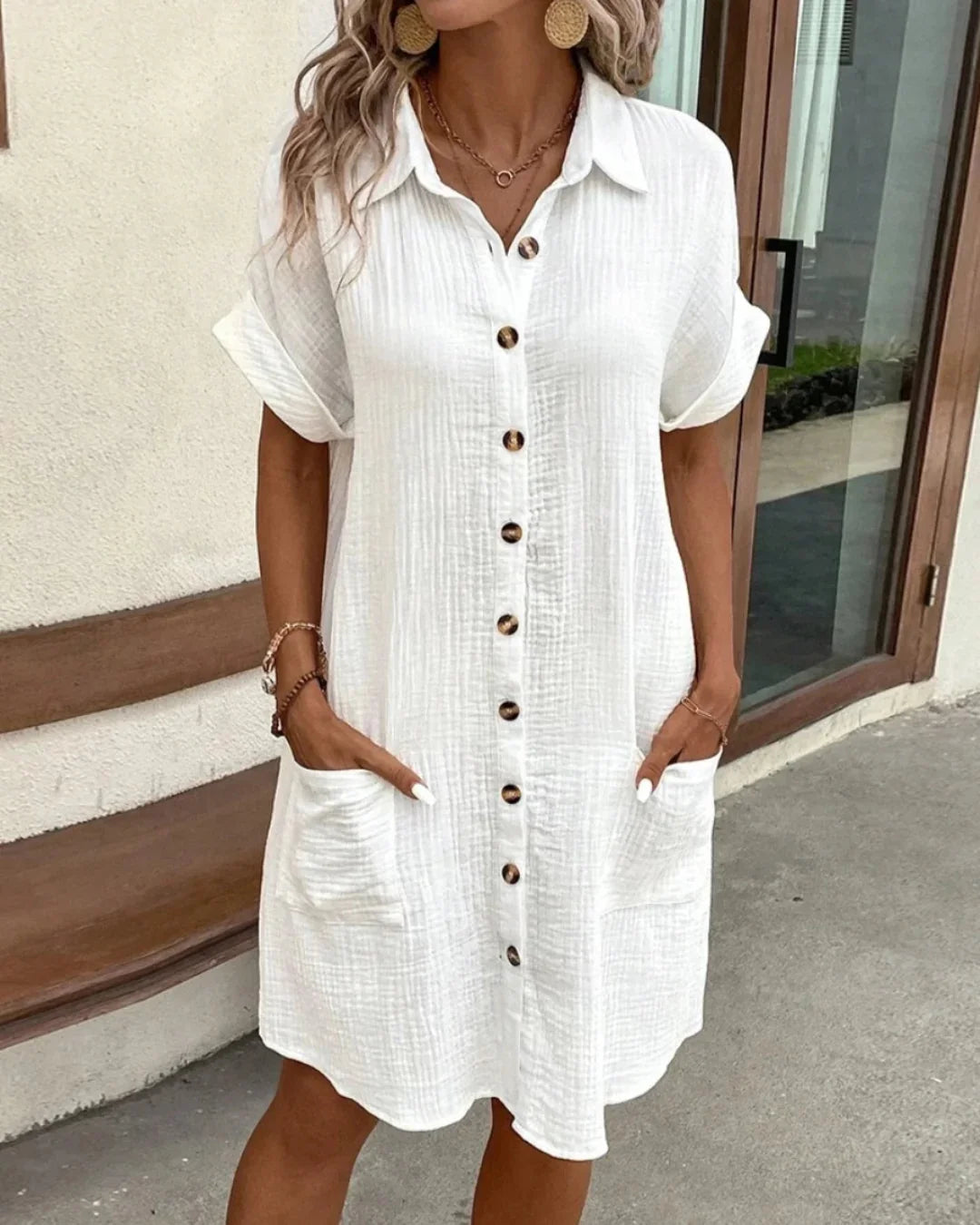 Women's Short Cotton-Blend Shirt Dress – Relaxed Fit Button-Through