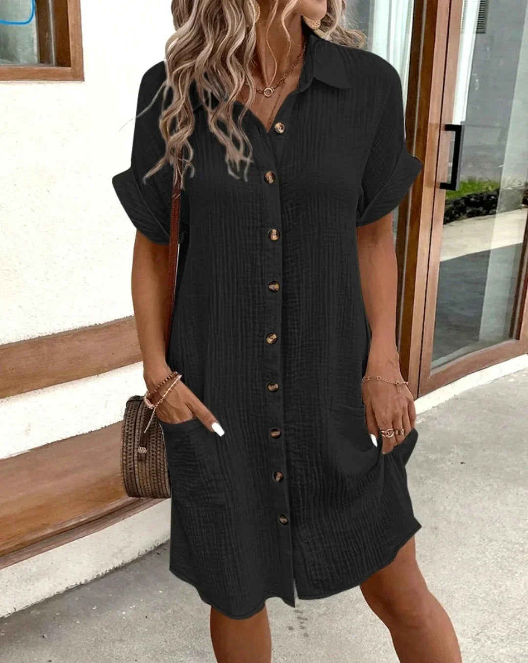Women's Short Cotton-Blend Shirt Dress – Relaxed Fit Button-Through