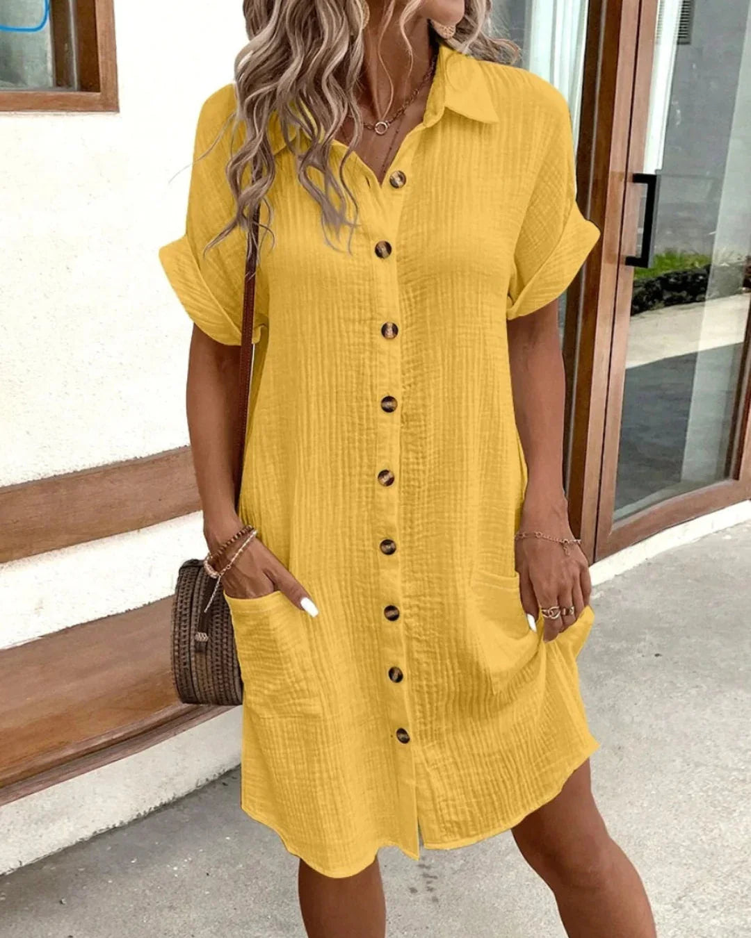 Women's Short Cotton-Blend Shirt Dress – Relaxed Fit Button-Through