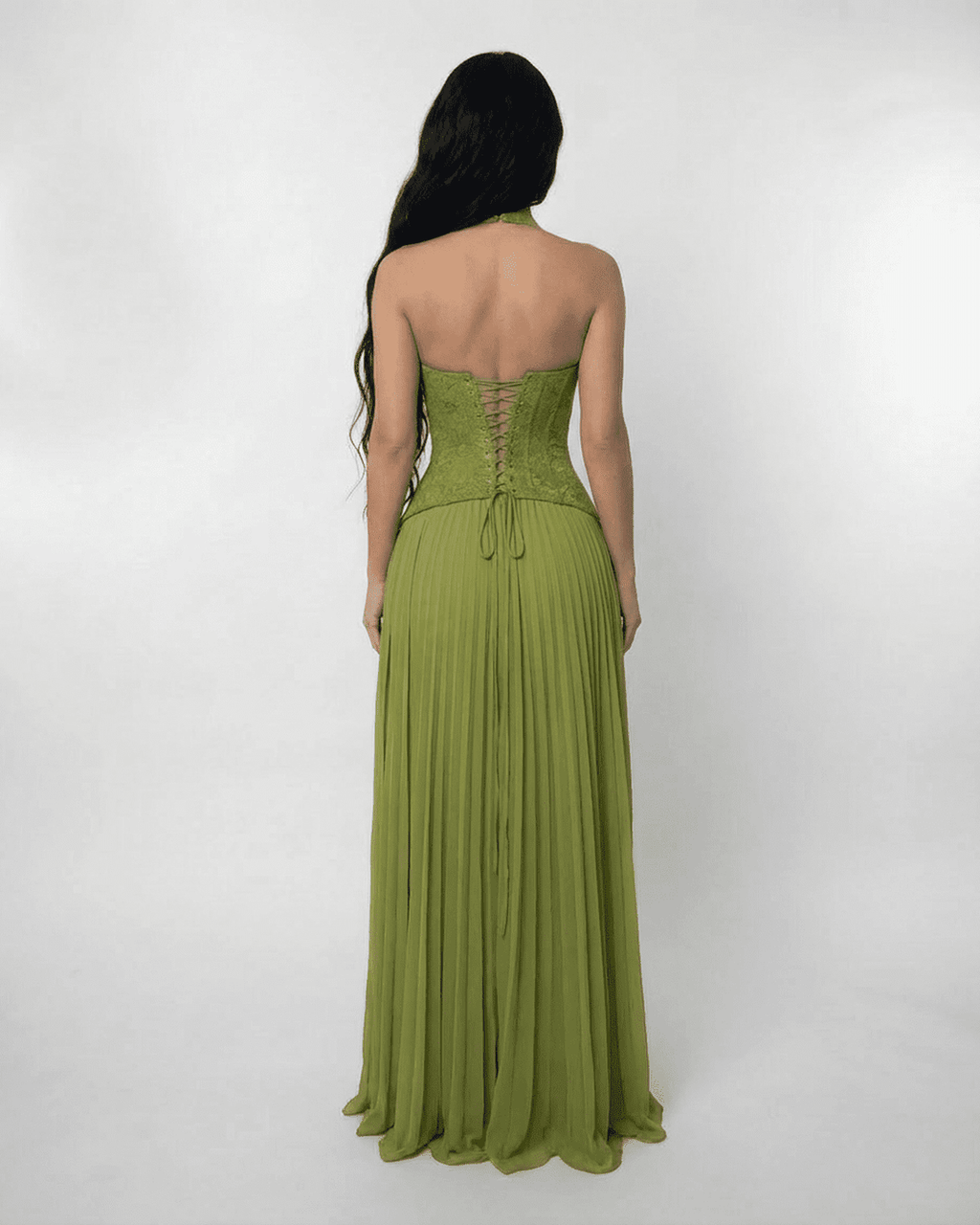 Women's Long Dress with Halter Neck – Lace-Up Corset Back & Pleated Skirt