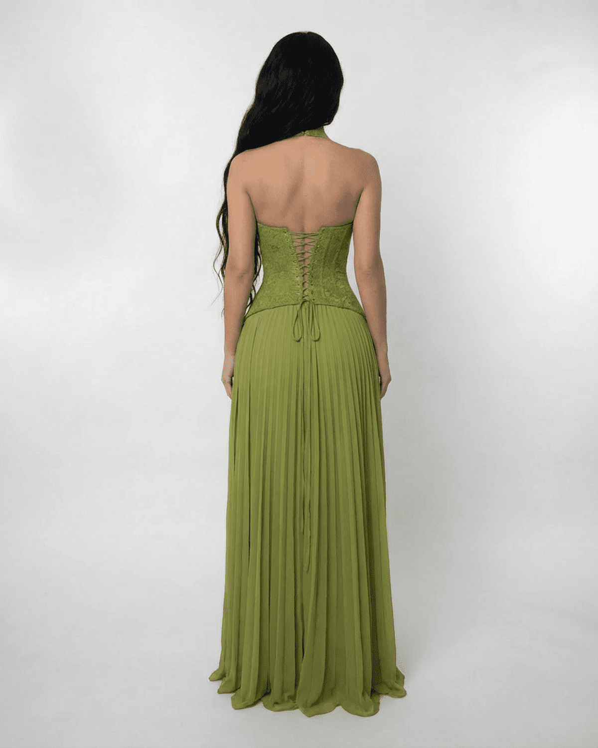 Women's Long Dress with Halter Neck – Lace-Up Corset Back & Pleated Skirt