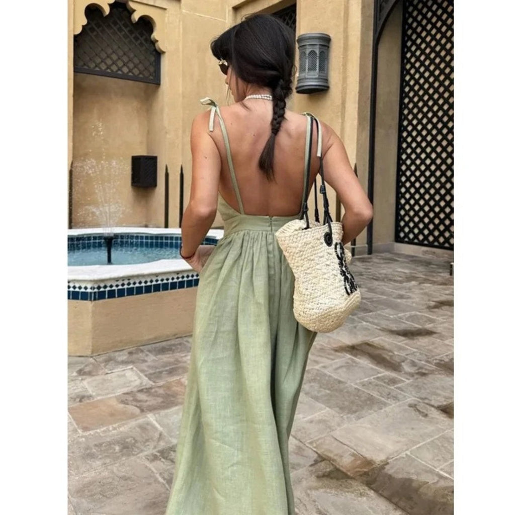 Women's Soft Maxi Dress – Sleeveless A-Line Cut with Open Back