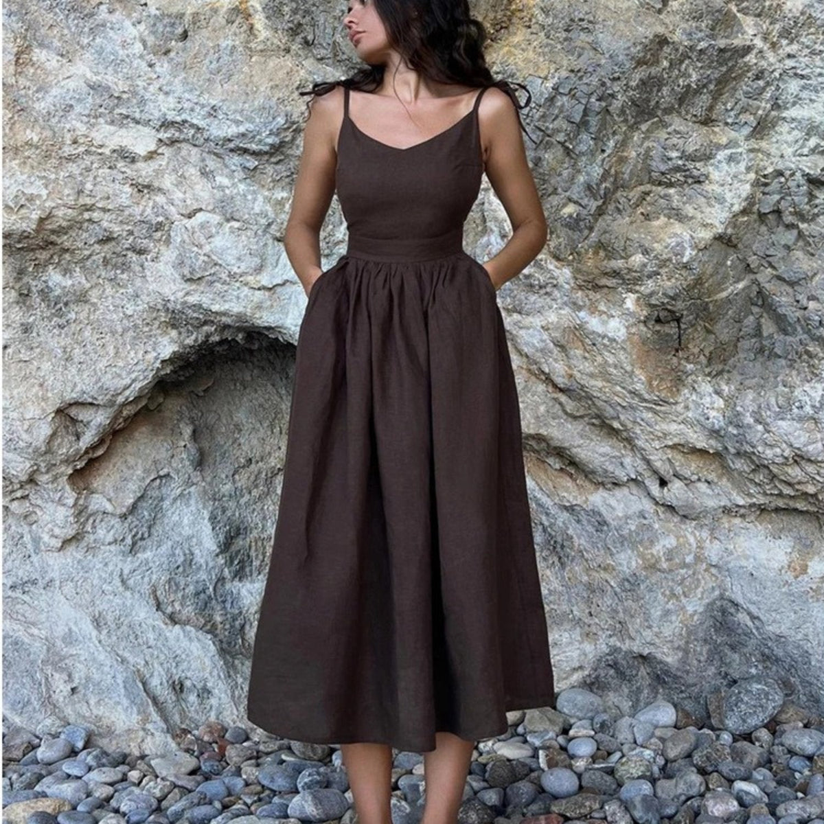 Women's Soft Maxi Dress – Sleeveless A-Line Cut with Open Back