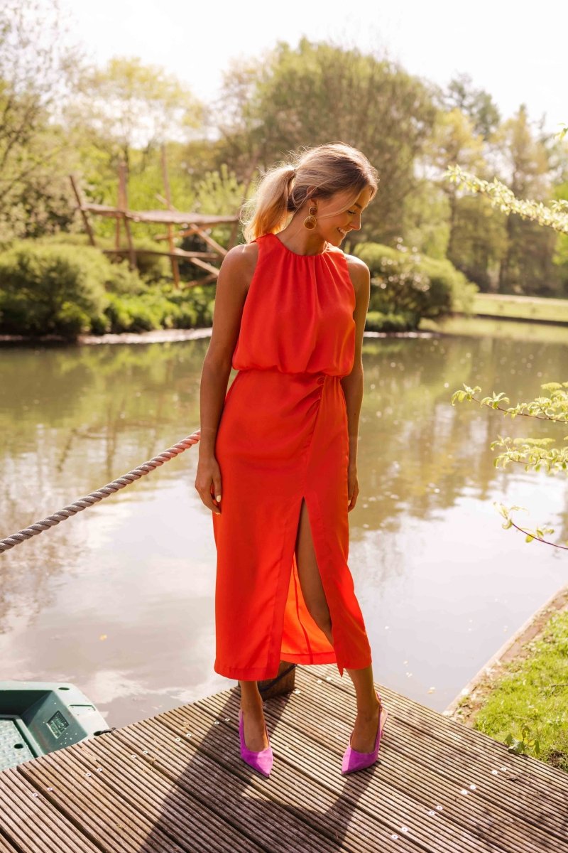 Women's Midi Dress with High Neck – Elegant Side Slit
