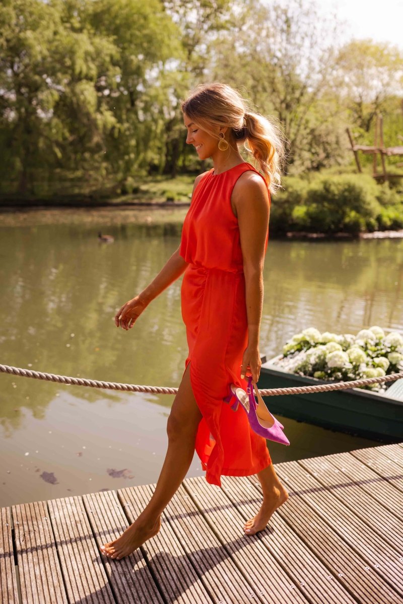 Women's Midi Dress with High Neck – Elegant Side Slit