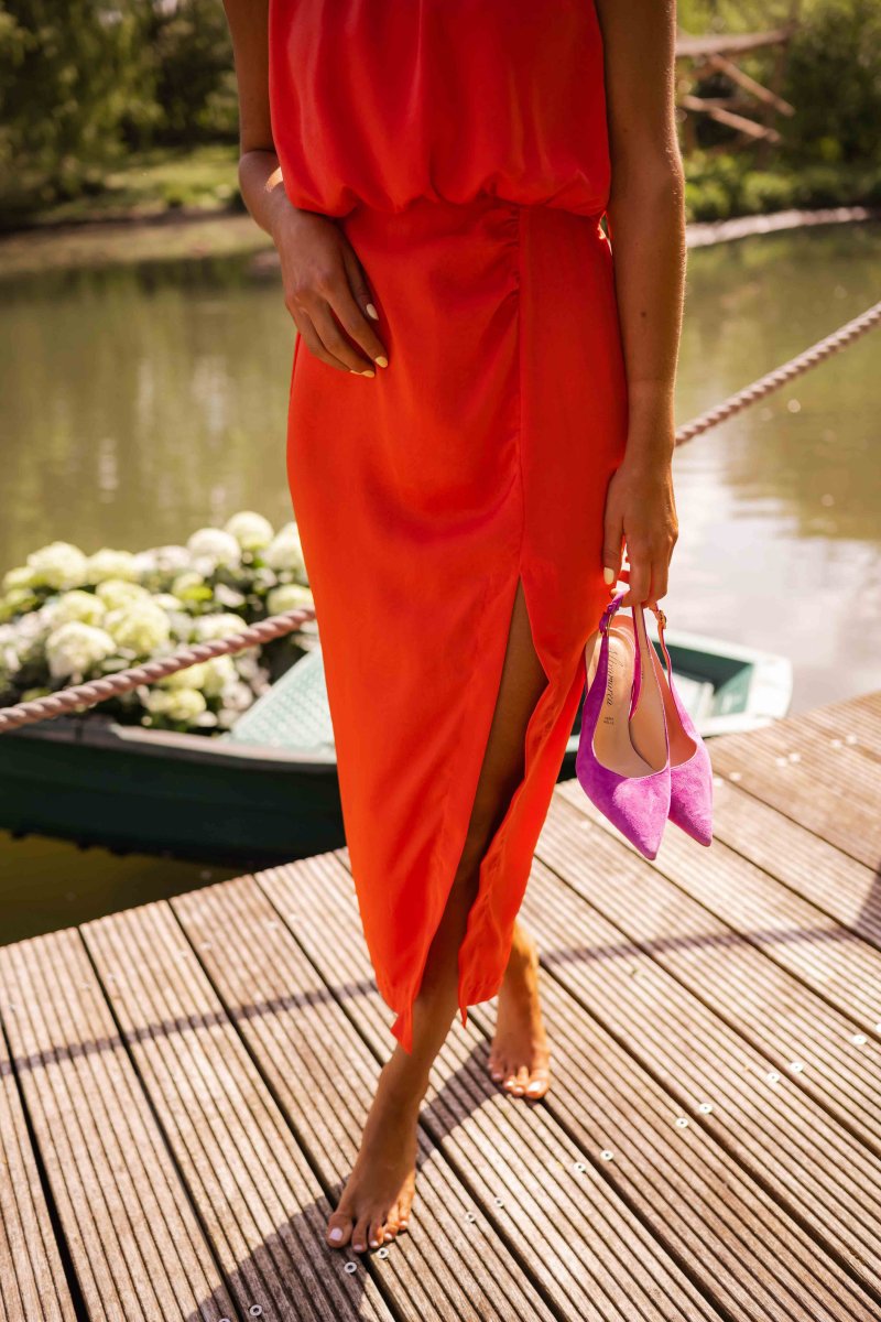 Women's Midi Dress with High Neck – Elegant Side Slit