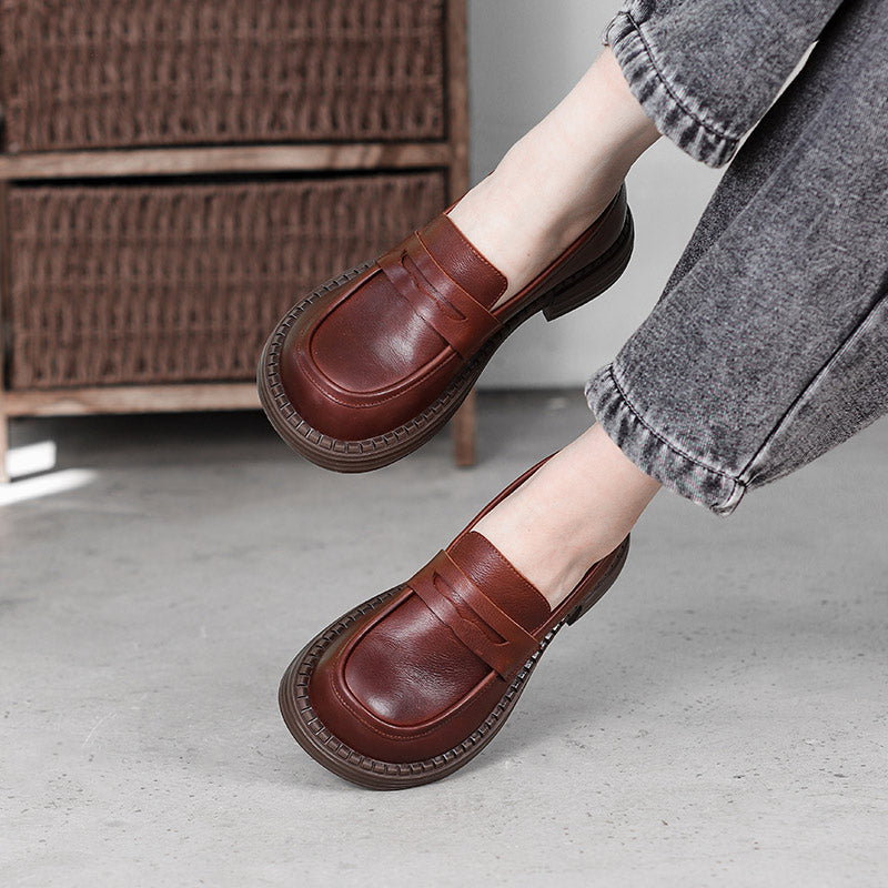 Women's Orthopaedic Leather Loafers – Round Toe, Mid Heel, Easy Slip-On