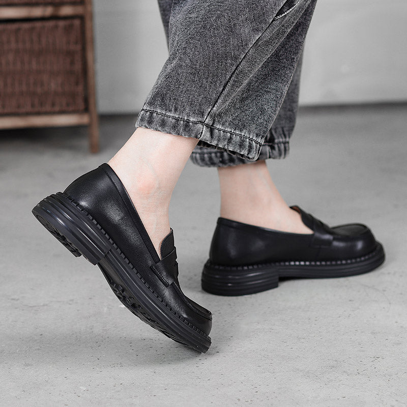 Women's Orthopaedic Leather Loafers – Round Toe, Mid Heel, Easy Slip-On