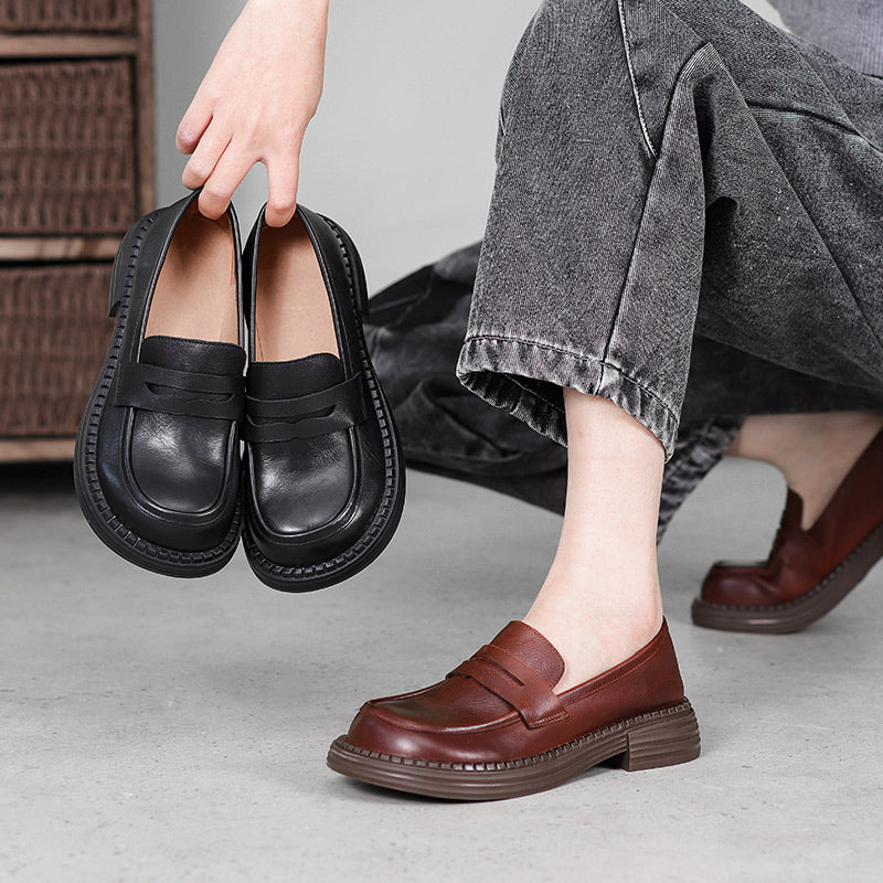 Women's Orthopaedic Leather Loafers – Round Toe, Mid Heel, Easy Slip-On