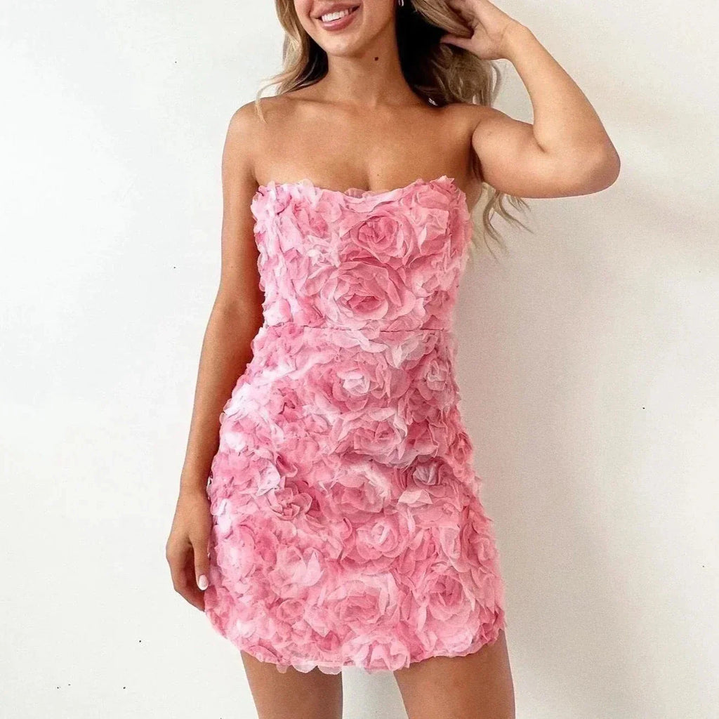 Women's Floral Bustier Mini Dress – Appliqué Texture, Bodycon Fit