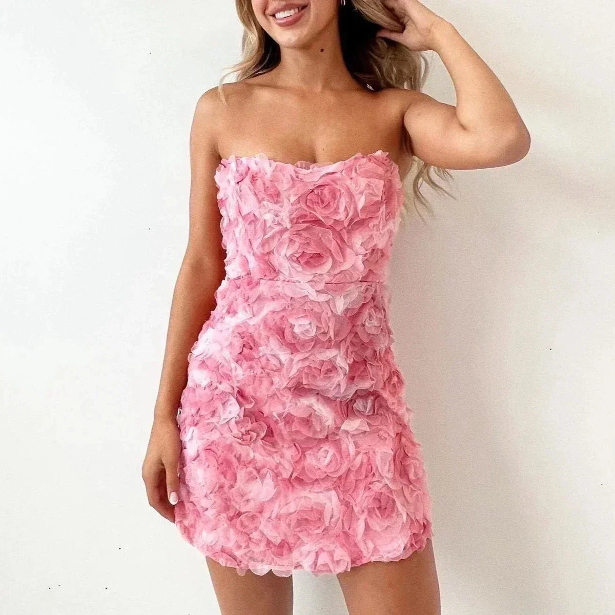 Women's Floral Bustier Mini Dress – Appliqué Texture, Bodycon Fit