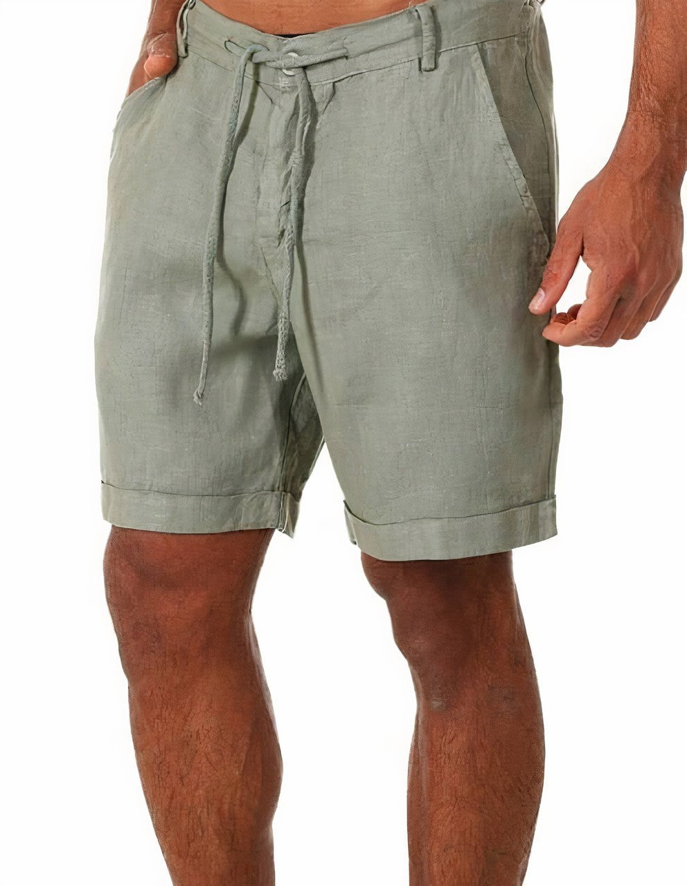 Men's Linen Shorts – Turn-Up Hem, Adjustable Drawstring, Mid-Length