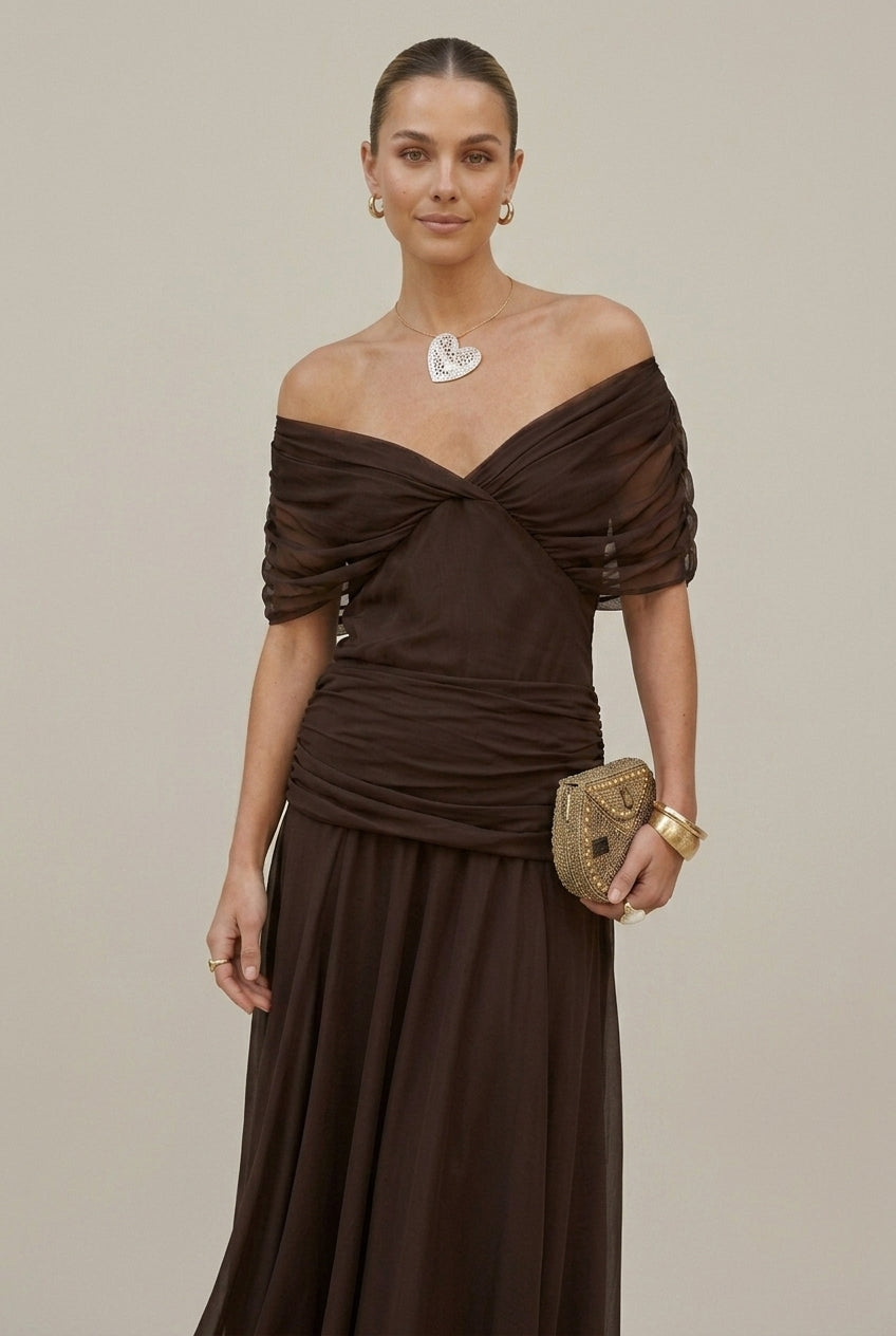 Women’s Chiffon Maxi Dress – Bare Shoulders, Ruched Waist, Fluid Cut