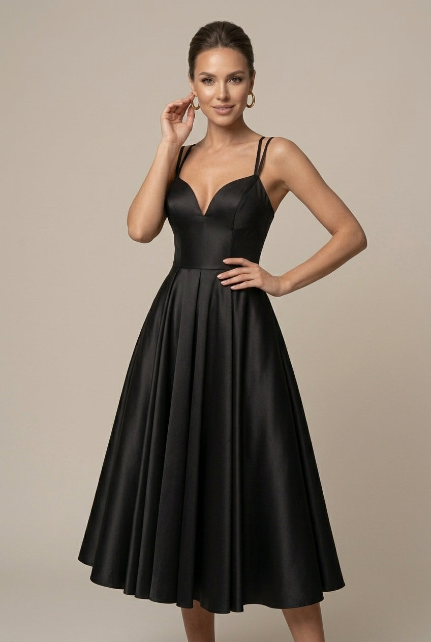 Women’s A-Line Midi Dress – V-Neck, Double Straps, Flared Skirt
