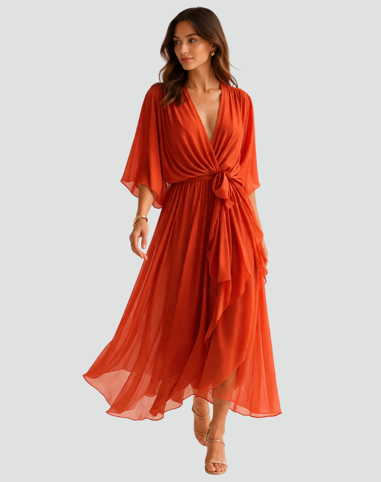 Women's Midi Wrap Dress – Flowing Silhouette for Occasions