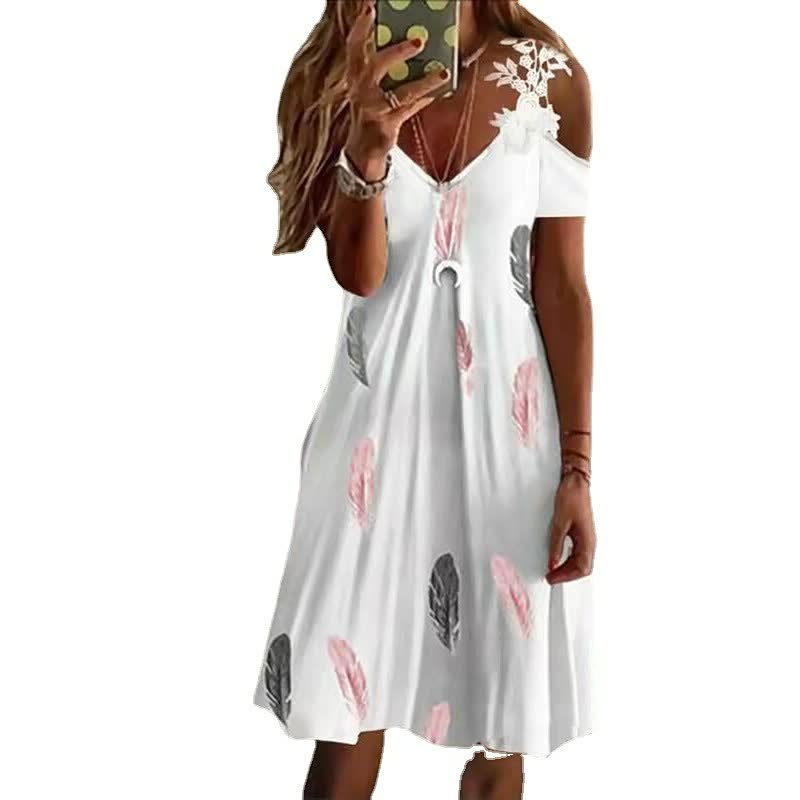 Women’s Off-Shoulder Mini Dress – V-Neck Fluid A-Line Cut
