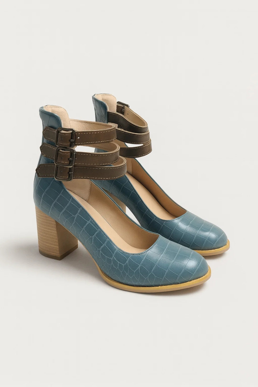 Women's Square Heel Pumps – Triple Buckle Strap Mary Jane Style
