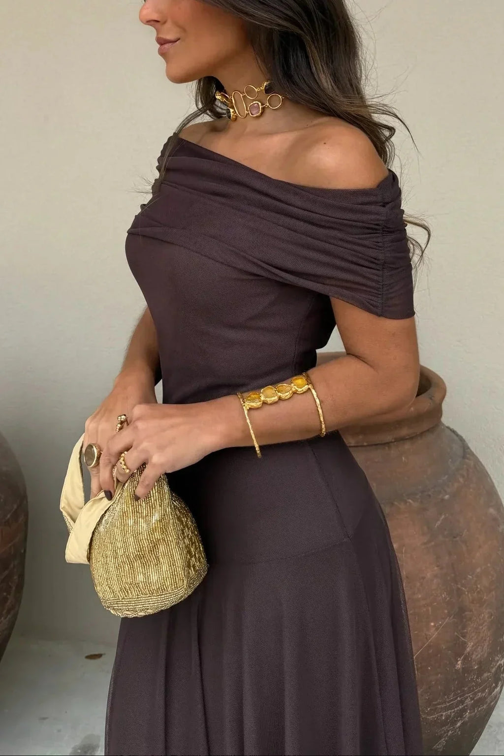 Women's Long Dress with Bare Shoulders – Ruched Bustier and Sheer Skirt