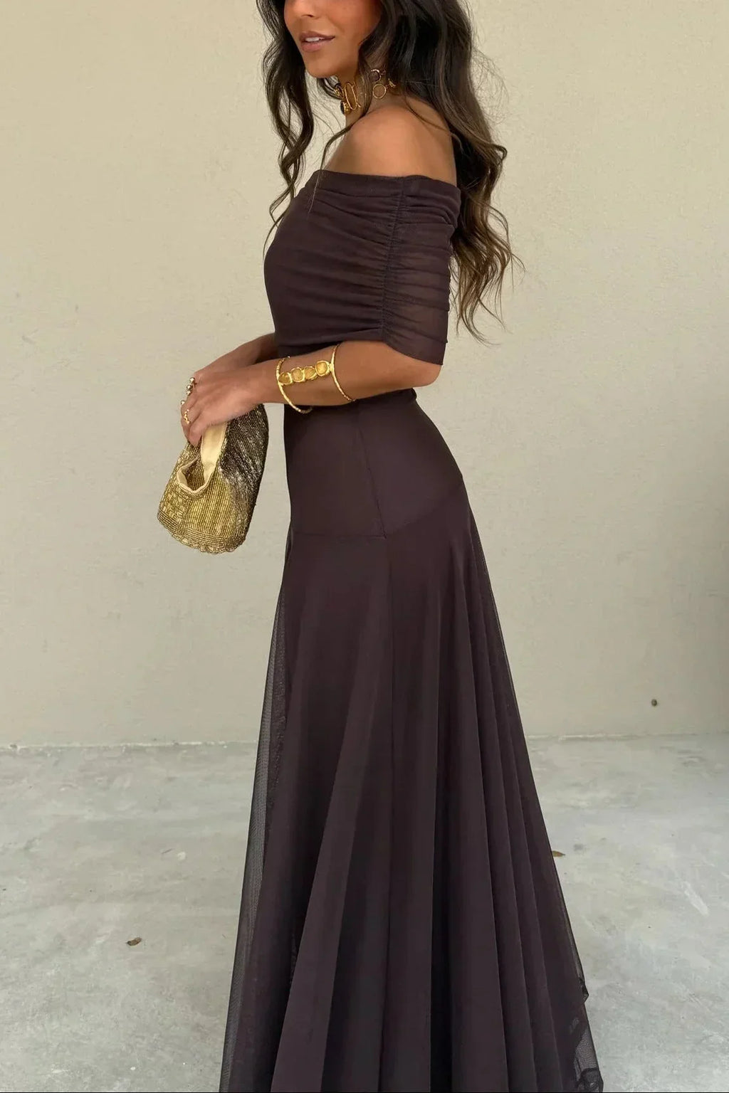 Women's Long Dress with Bare Shoulders – Ruched Bustier and Sheer Skirt