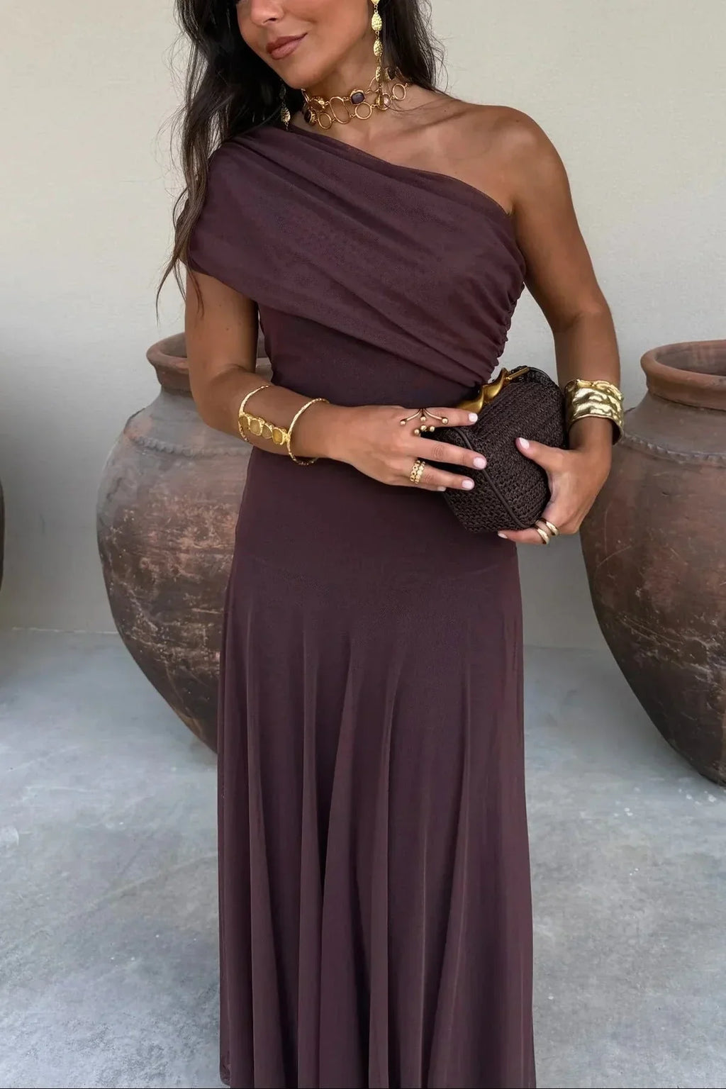 Women's Long Dress with Bare Shoulders – Ruched Bustier and Sheer Skirt