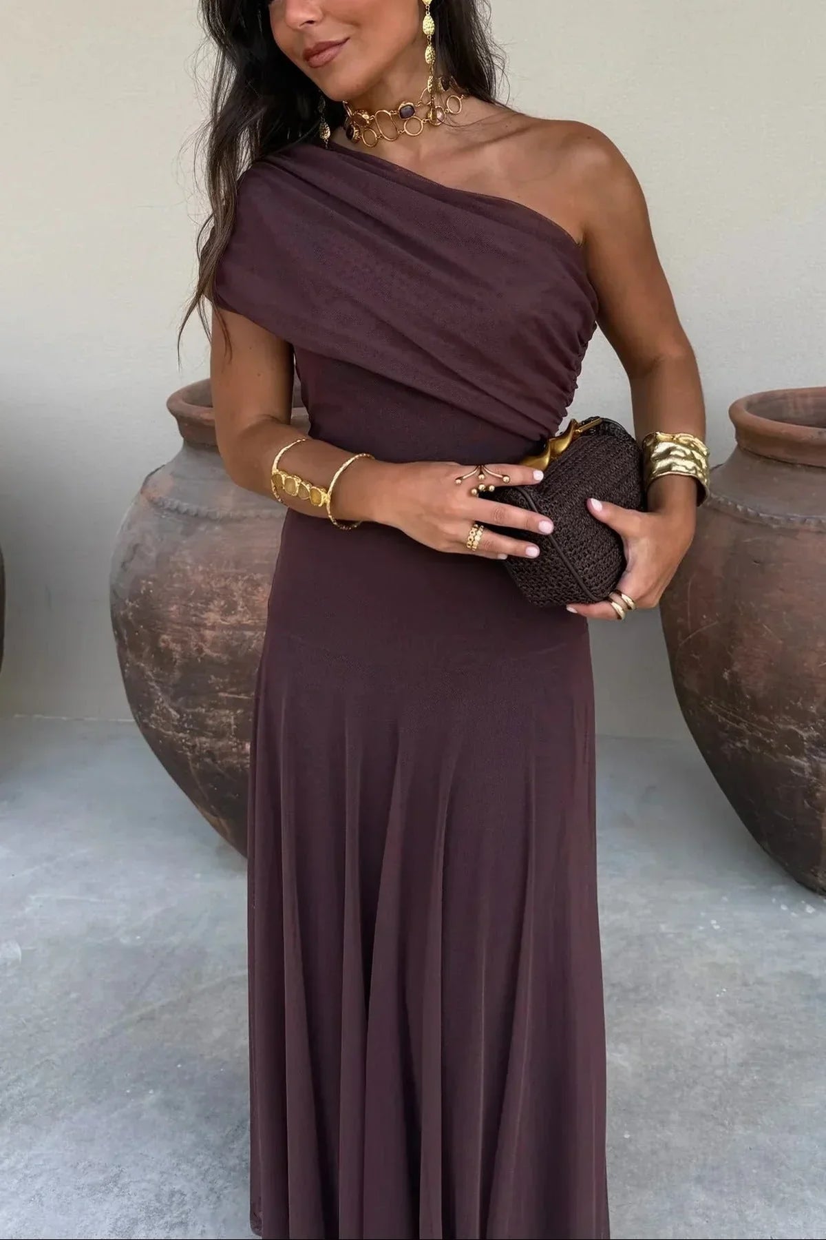 Women's Long Dress with Bare Shoulders – Ruched Bustier and Sheer Skirt