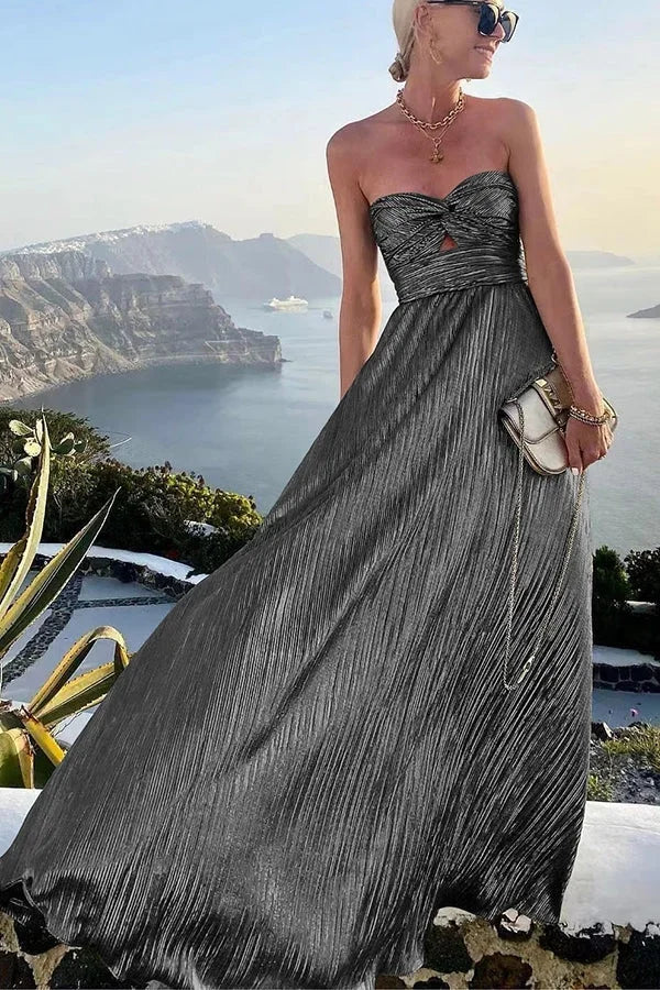 Women's Long Dress with Pleated Bustier – Shiny Evening Effect