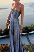 Women's Long Dress with Pleated Bustier – Shiny Evening Effect