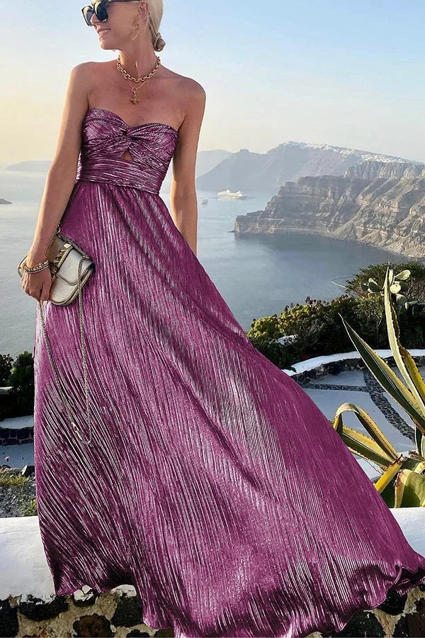 Women's Long Dress with Pleated Bustier – Shiny Evening Effect