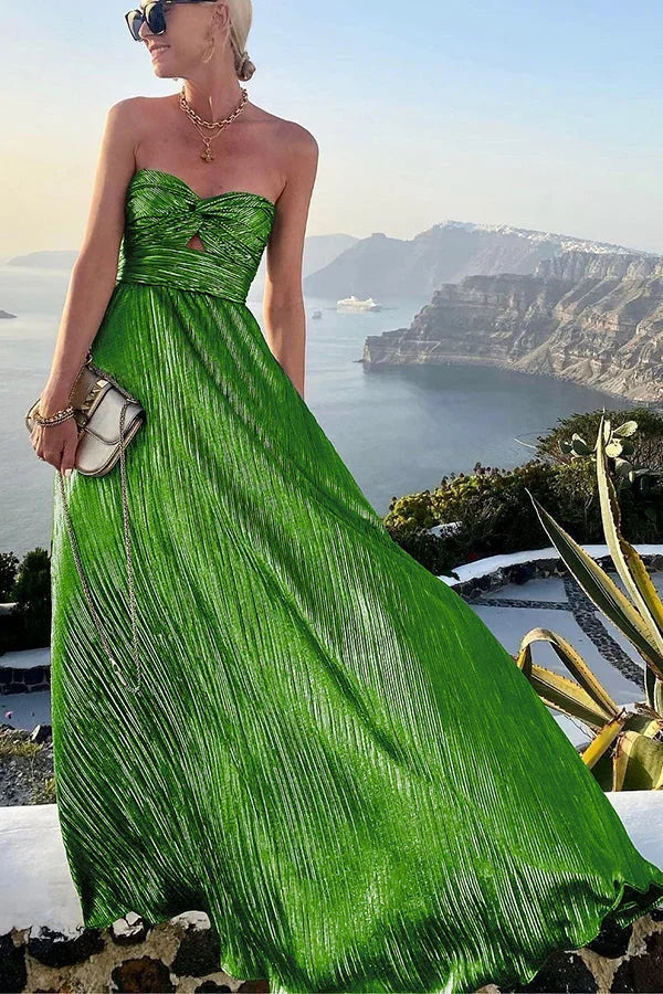 Women's Long Dress with Pleated Bustier – Shiny Evening Effect