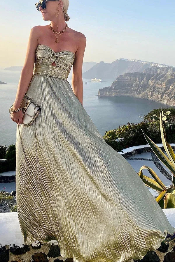 Women's Long Dress with Pleated Bustier – Shiny Evening Effect