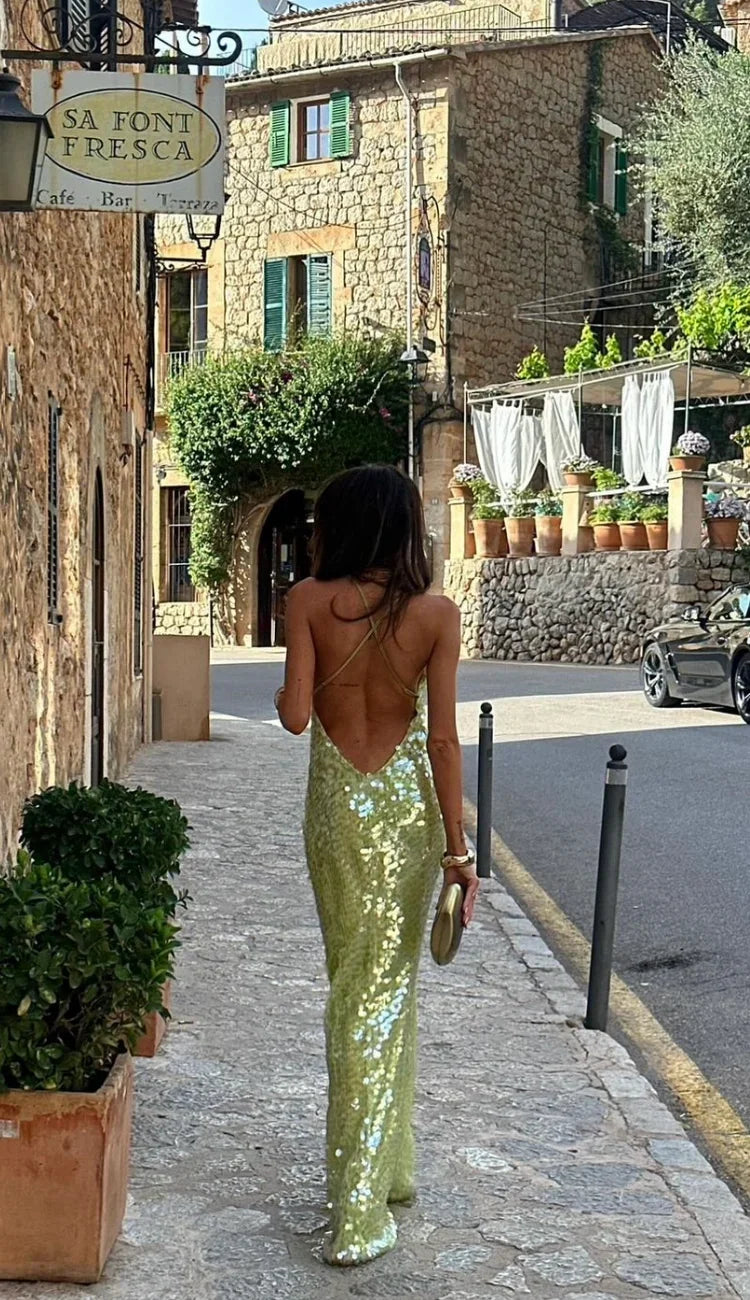 Long Women's Sequin Dress – Open Back Sparkling Evening Gown