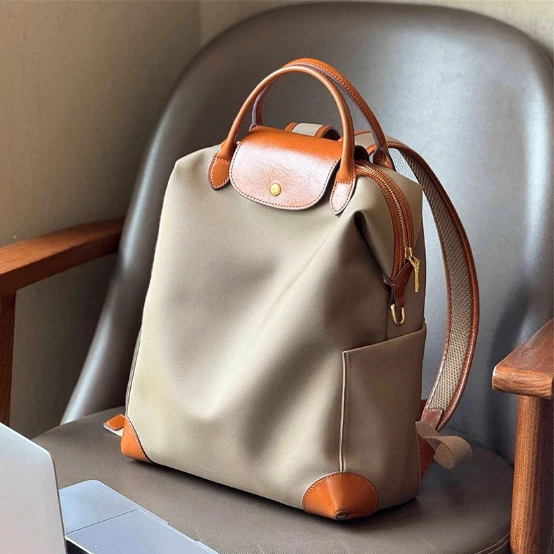 Women's Backpack – Leather Trim, Flap & Gold-Tone Hardware Two-Tone