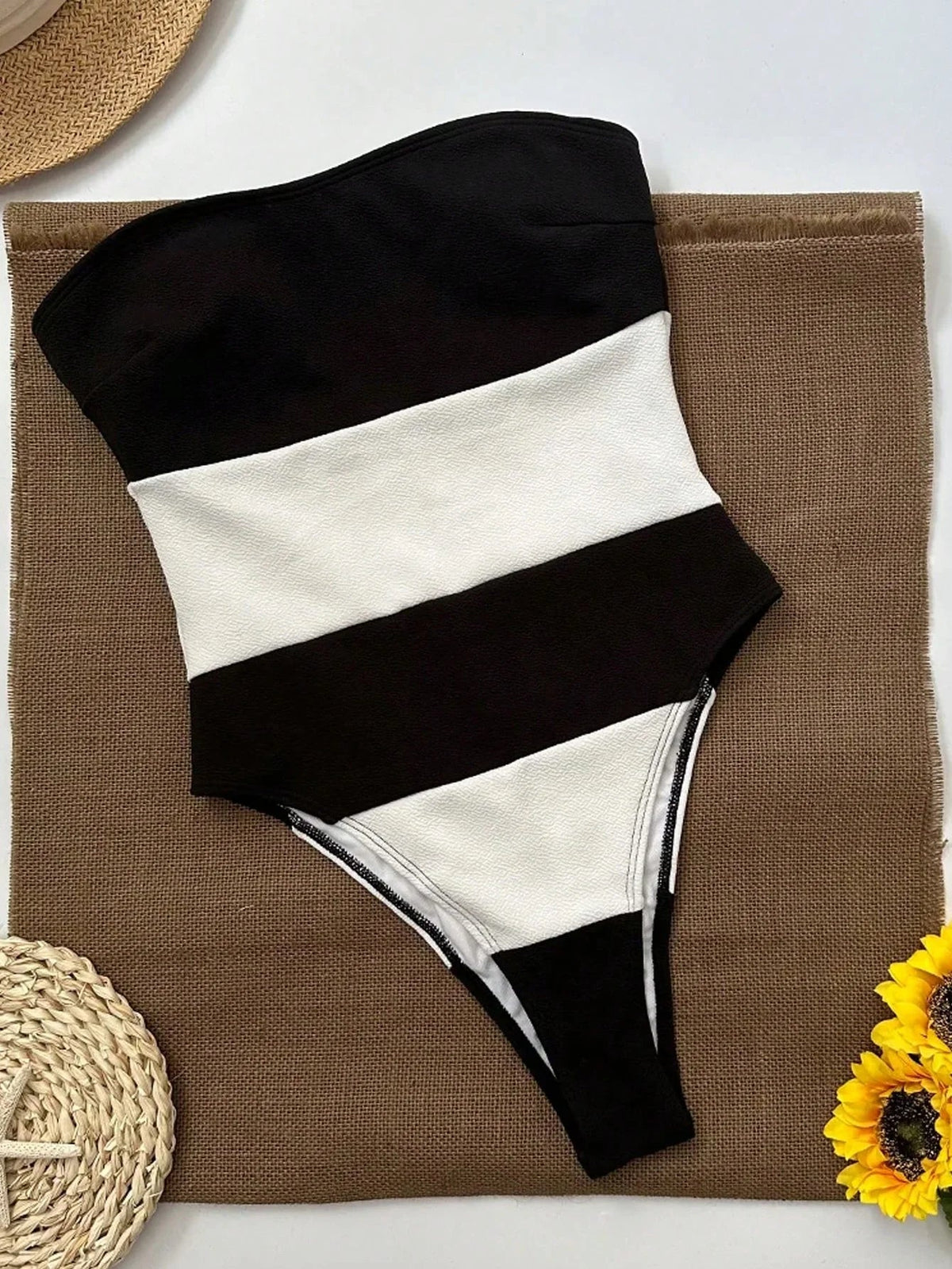 Women's One-Piece Swimsuit – High-Waisted Bustier with Panels