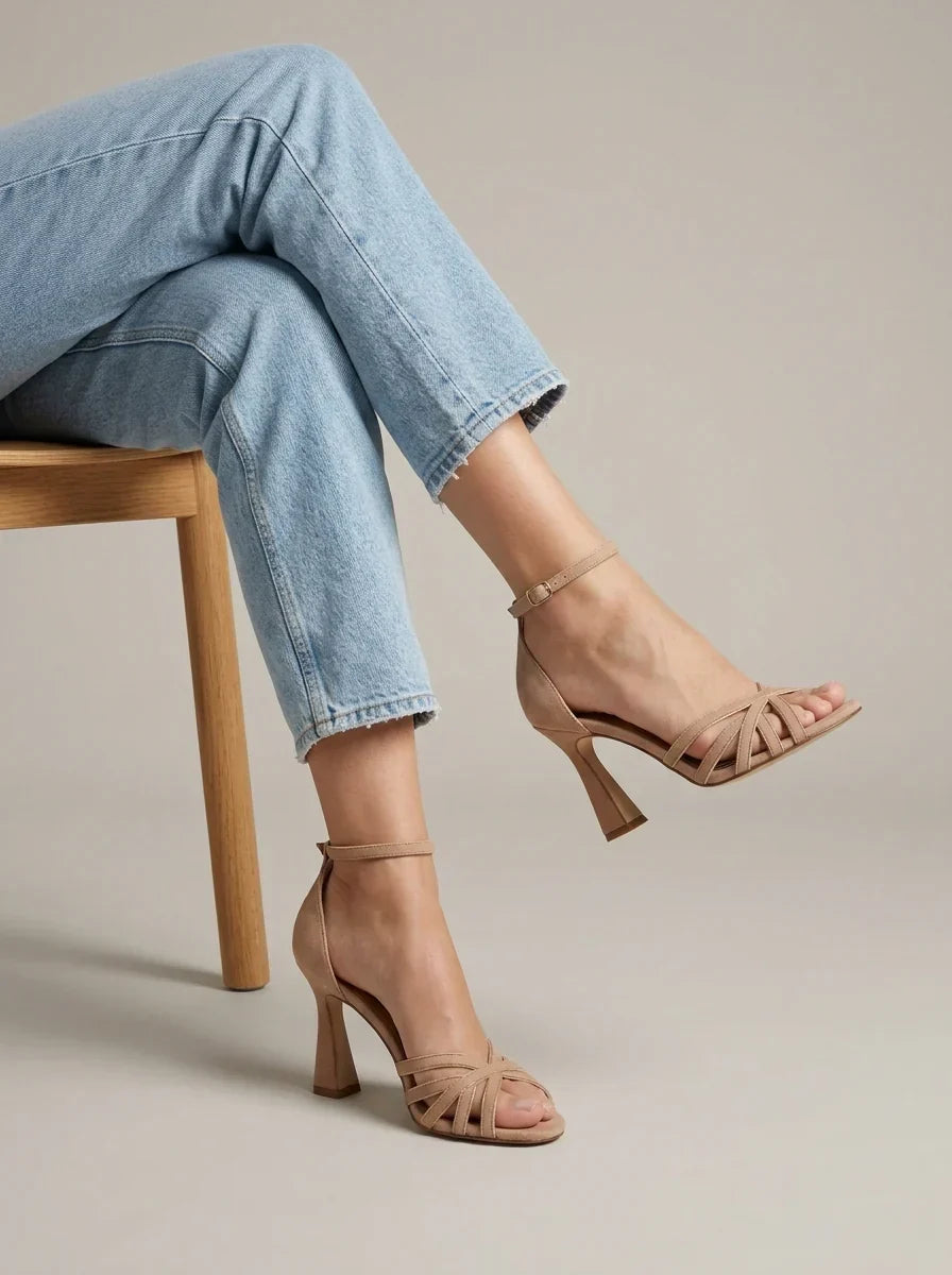Women's Suede Heel Sandals – Multi-Strap Open Toe Block Heel