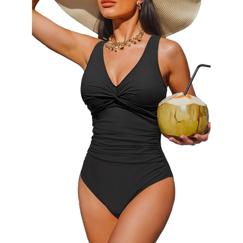 Women's One-Piece Swimsuit with Ruching – V-Neck and Wide Straps