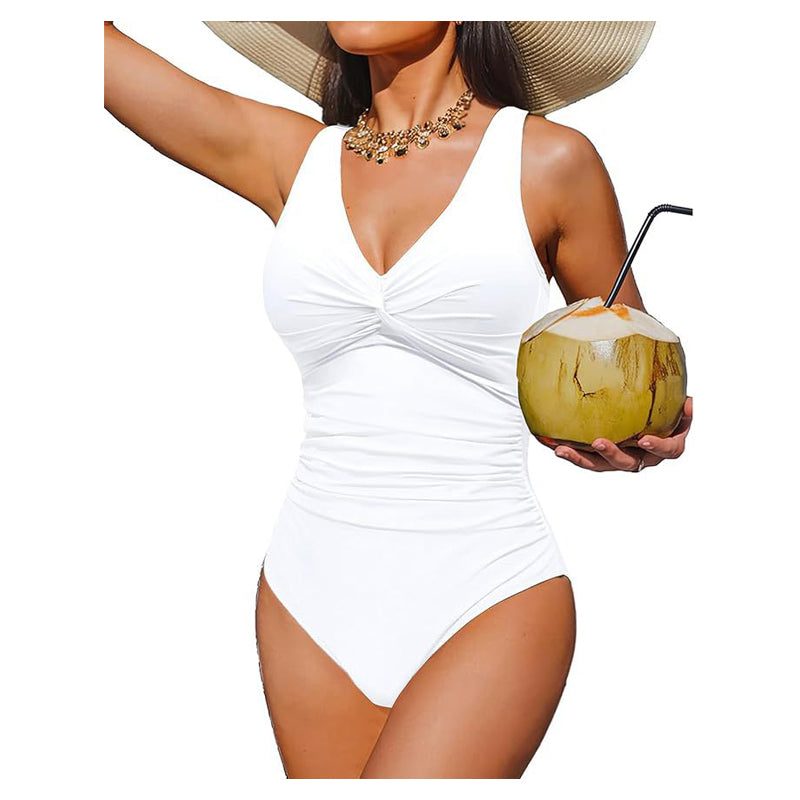 Women's One-Piece Swimsuit with Ruching – V-Neck and Wide Straps