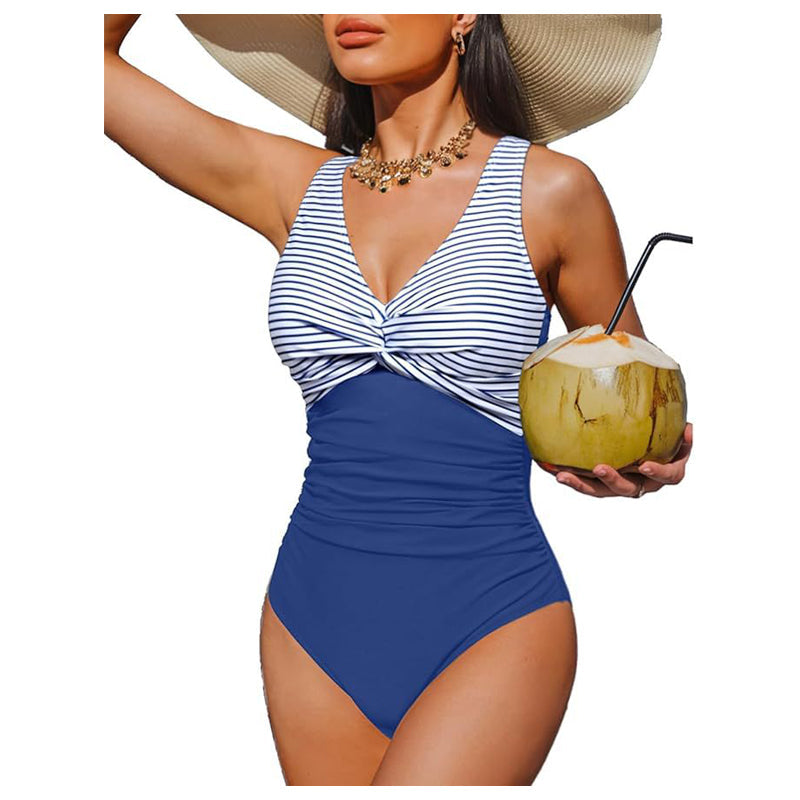Women's One-Piece Swimsuit with Ruching – V-Neck and Wide Straps