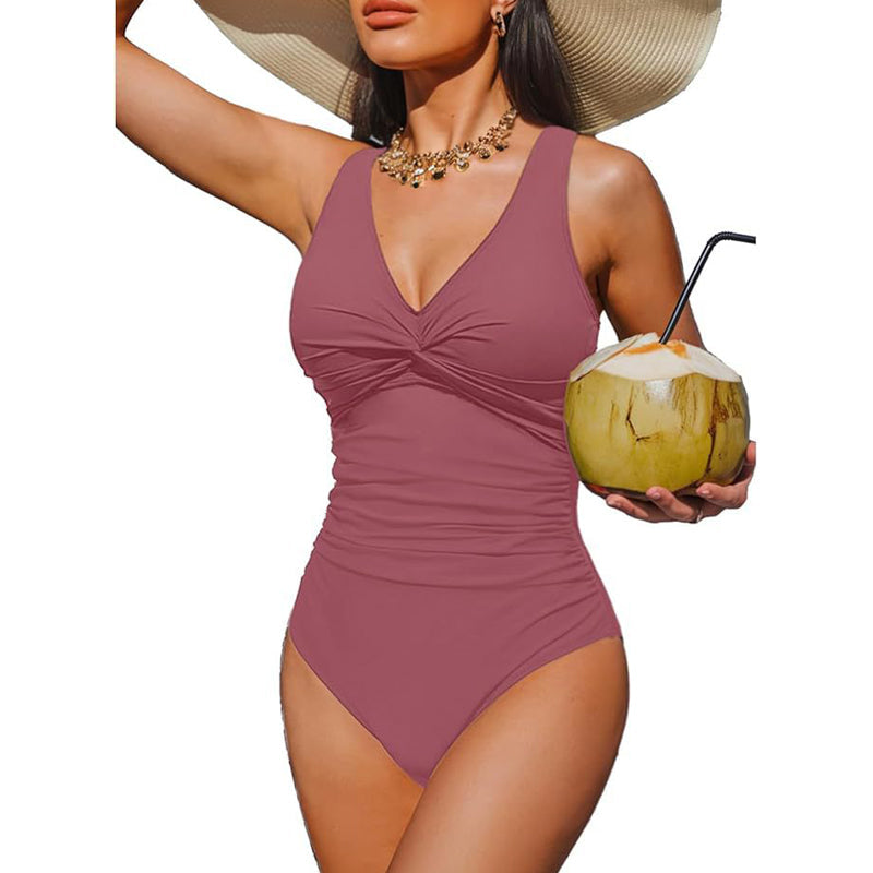 Women's One-Piece Swimsuit with Ruching – V-Neck and Wide Straps