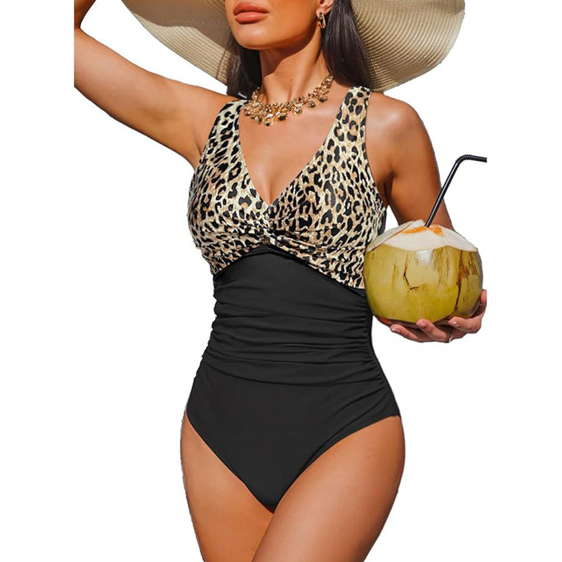 Women's One-Piece Swimsuit with Ruching – V-Neck and Wide Straps