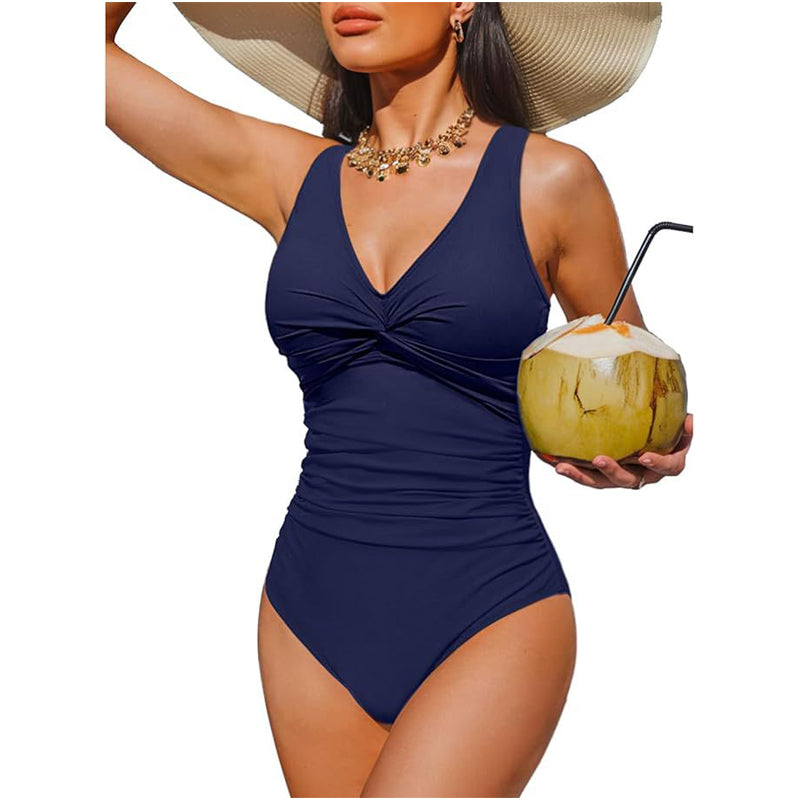 Women's One-Piece Swimsuit with Ruching – V-Neck and Wide Straps